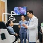 Personal de McLeod Dental recibiendo a paciente mujer que viene a realizarse un empaste dental en la clinica