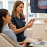 Dentista de McLeod Denta explicando a paciente las ventajas de la ortodoncia invisible