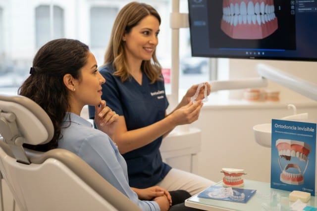 Dentista de McLeod Denta explicando a paciente las ventajas de la ortodoncia invisible