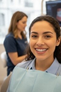 Mujer paciente de 30 años sonriendo y luciendo sus brackets invisibles para comenzar su tratamiento estético dental