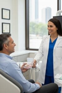 Dentista de McLeod entregando la prótesis parcial a paciente hombre de 50 años