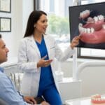 Dentista de McLeod Dental explicando a paciente en consulta las ventajas de una prótesis parcial