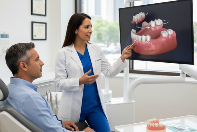 Dentista de McLeod Dental explicando a paciente en consulta las ventajas de una prótesis parcial