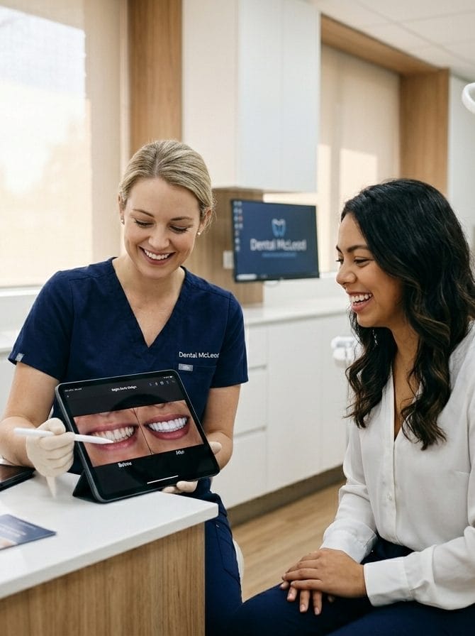 Dentista mostrando diseño de sonrisa digital a un paciente durante consulta de estética dental