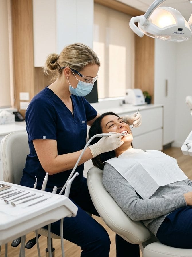 Dentista realizando revisión y limpieza dental preventiva a un paciente en clínica dental moderna