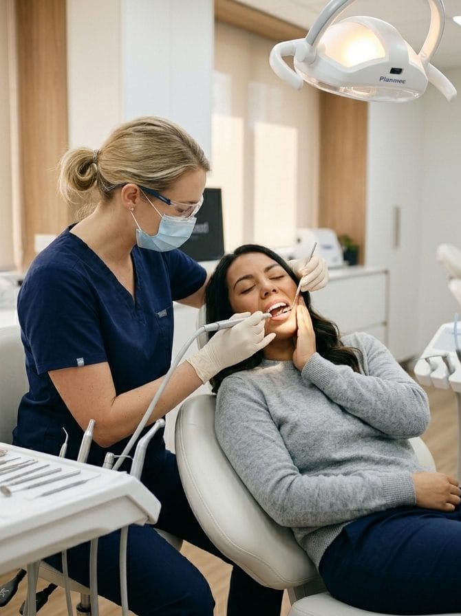 Dentista examinando a un paciente con dolor dental en consulta de urgencias dentales