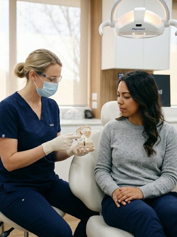Dentista explicando tratamiento de implantes dentales a un paciente utilizando modelo dental
