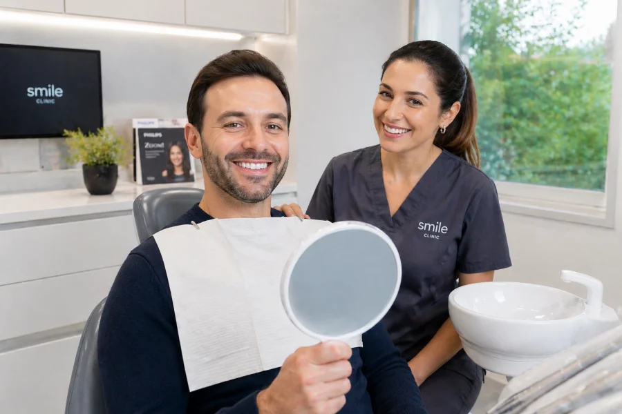 Paciente sonriendo después de un tratamiento de blanqueamiento dental en clínica dental de Woodbridge, Virginia