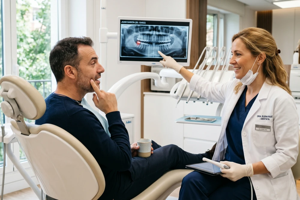 Paciente consultando con dentista por caries o molestias que requieren un empaste dental