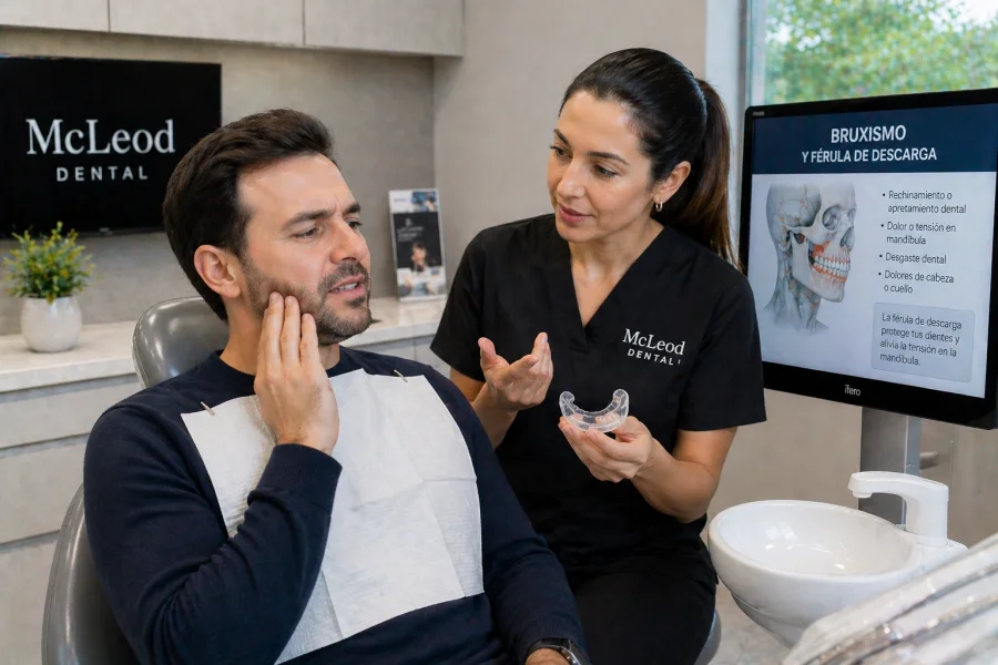 Dentista explicando a paciente cuándo puede necesitar una férula de descarga por bruxismo