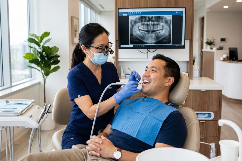Paciente recibiendo tratamiento de empaste dental en clínica dental de Woodbridge, Virginia