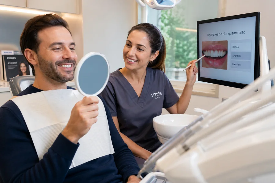 Dentista explicando a paciente cuándo el blanqueamiento dental puede ser una buena opción
