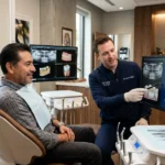 Dentista explicando diferencias entre inlay y onlay dental a paciente hispano en clínica moderna de Virginia
