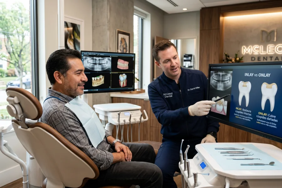 Dentista explicando diferencias entre inlay y onlay dental a paciente hispano en clínica moderna de Virginia