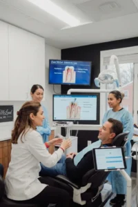 Dentista explicando un tratamiento de endodoncia mediante imágenes digitales