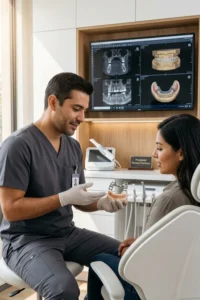 Dentista explicando las ventajas de una prótesis parcial removible metálica a un paciente en Virginia