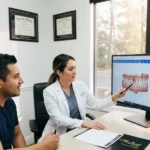 Paciente hispano consultando el precio de un root canal en una clínica dental de Virginia