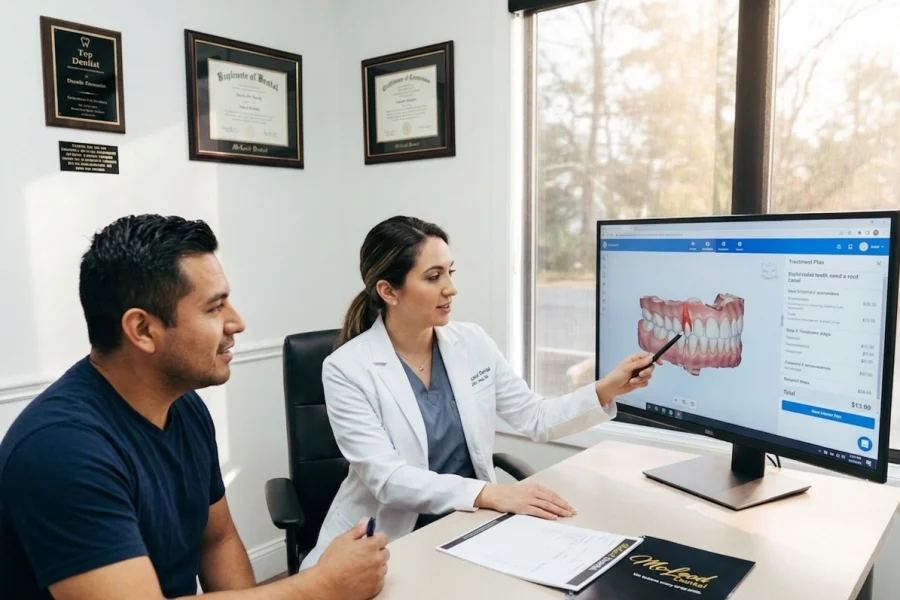 Paciente hispano consultando el precio de un root canal en una clínica dental de Virginia
