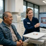 Paciente hispano recibiendo información sobre prótesis parciales removibles en una clínica dental de Virginia