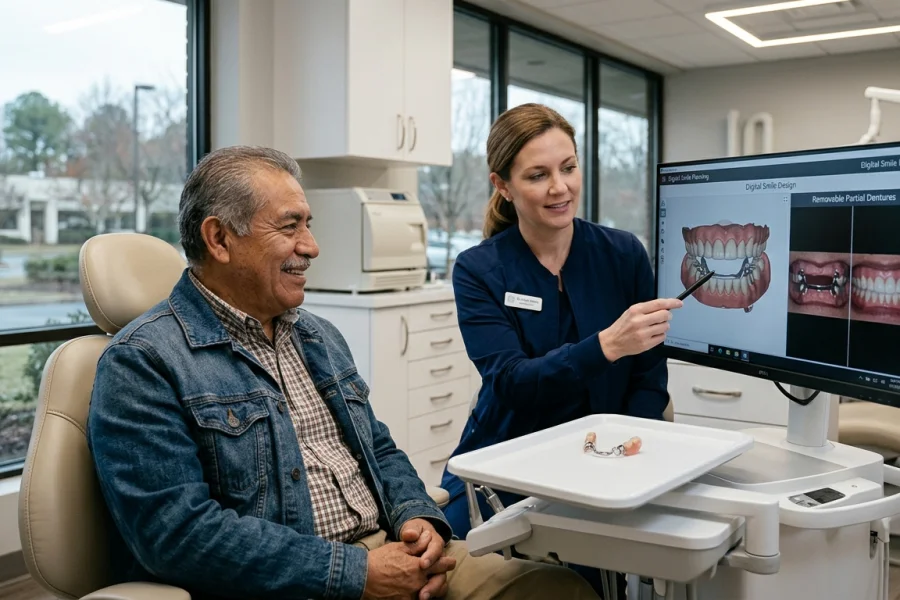Paciente hispano recibiendo información sobre prótesis parciales removibles en una clínica dental de Virginia