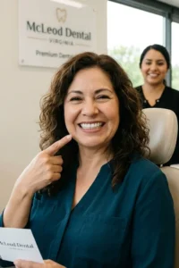 Happy Hispanic adult smiling after removable partial denture treatment, natural appearance, modern dental clinic in Virginia, premium dental care, realistic photography, confidence and wellbeing