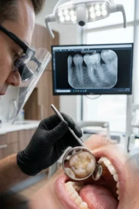 Dentista evaluando un empaste antiguo mediante exploración clínica y radiografía digital.