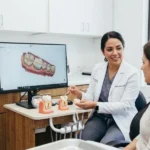 Dentista mostrando a un paciente las diferencias entre un Inlay de porcelana y una restauración con composite dental en una clínica de Virginia