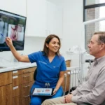 Dentista mostrando a un paciente hispano las diferencias entre un root canal y una extracción dental en una clínica moderna de Virginia