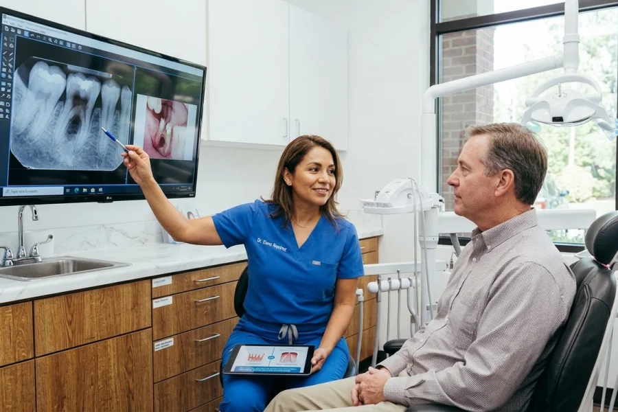 Dentista mostrando a un paciente hispano las diferencias entre un root canal y una extracción dental en una clínica moderna de Virginia