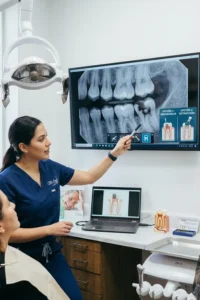 Dentista evaluando una radiografía dental para decidir entre un root canal o una extracción dental