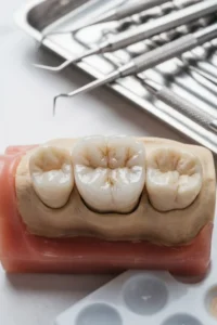 Primer plano de un Inlay de porcelana diseñado para restaurar un molar dañado