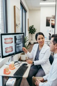 Dentista evaluando si un paciente necesita un Inlay de porcelana o una restauración con composite dental