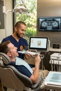 Dentista evaluando la boca de un paciente para recomendar la prótesis parcial removible más adecuada