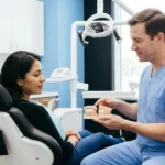 Dentista comparando un onlay dental y una corona dental durante una consulta
