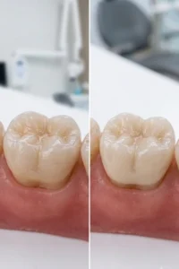 Comparación entre un onlay dental y una corona dental sobre un molar