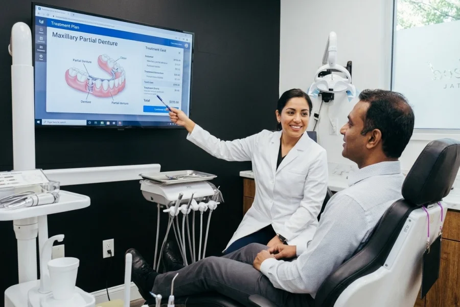Dentista explicando el coste de una prótesis parcial removible a un paciente en una clínica dental moderna de Virginia