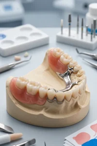 Prótesis parcial removible personalizada sobre un modelo dental mostrando un acabado natural y preciso