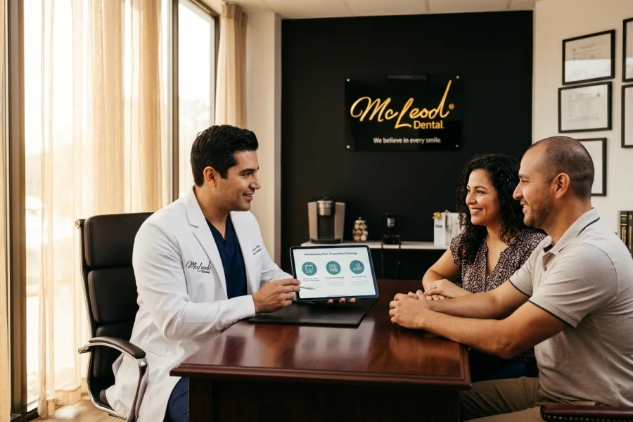 Paciente hispano recibiendo información sobre un Plan de Membresía Dental en una clínica moderna