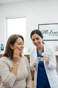 Dentista explicando las molestias normales de una nueva prótesis removible