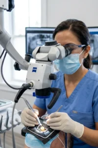 Odontólogo realizando un tratamiento de conducto para salvar un diente con infección profunda
