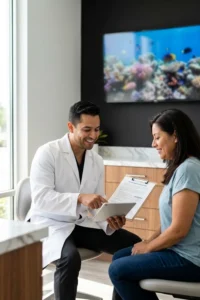 Dentista mostrando los beneficios de un Plan de Membresía Dental