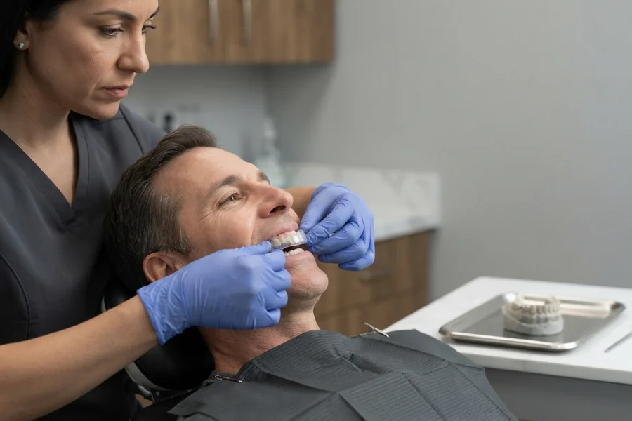 Dentista comprobando el ajuste de una férula de descarga personalizada