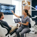 Dentista explicando el precio de un empaste dental durante una consulta en una clínica de Virginia.