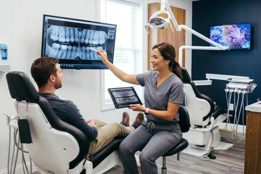 Dentista explicando el precio de un empaste dental durante una consulta en una clínica de Virginia.