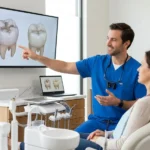 Dentista explicando las diferencias entre un empaste dental y una corona durante una consulta.