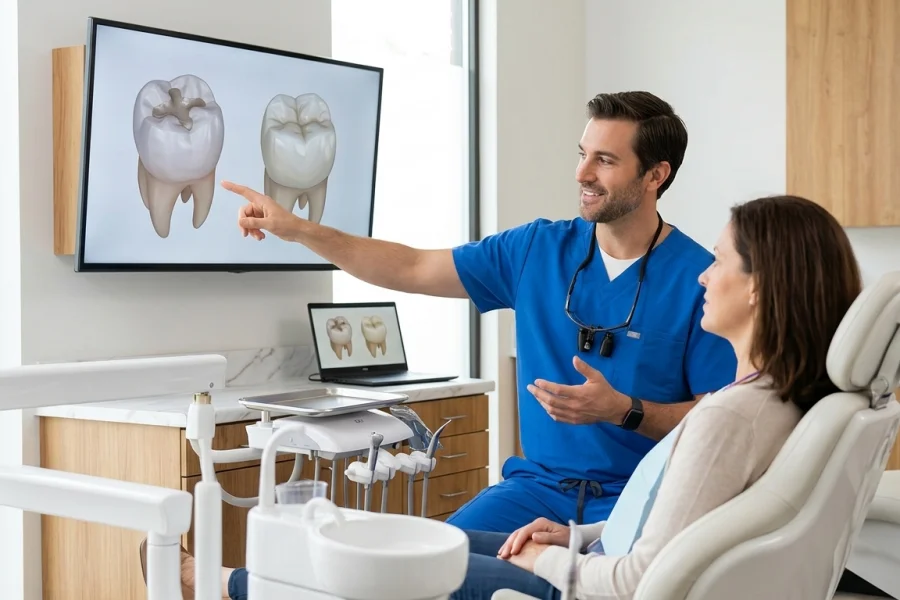 Dentista explicando las diferencias entre un empaste dental y una corona durante una consulta.