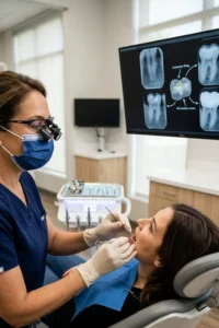 Dentista realizando un diagnóstico para decidir entre un empaste dental y una corona.