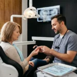 Dentista evaluando una prótesis removible que se mueve durante una consulta dental.