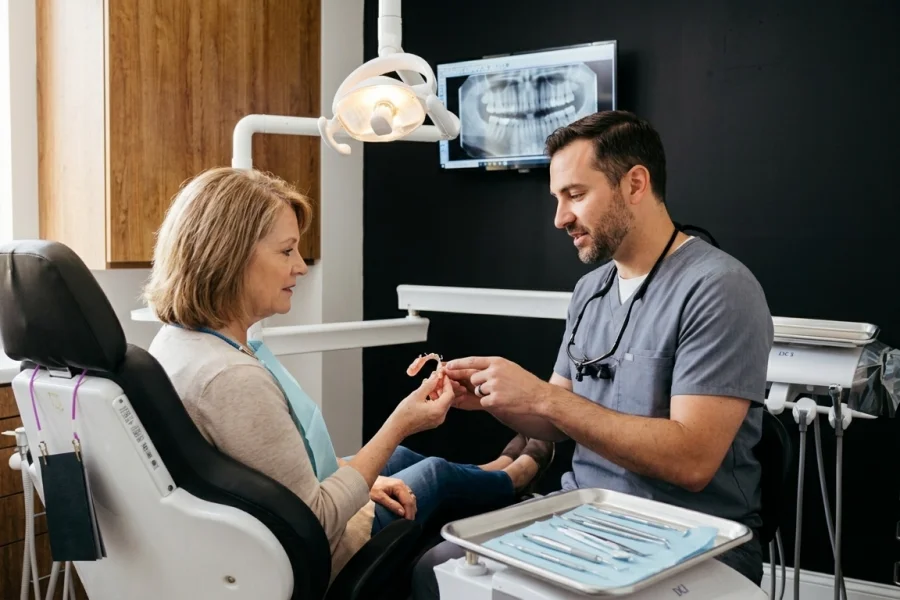 Dentista evaluando una prótesis removible que se mueve durante una consulta dental.