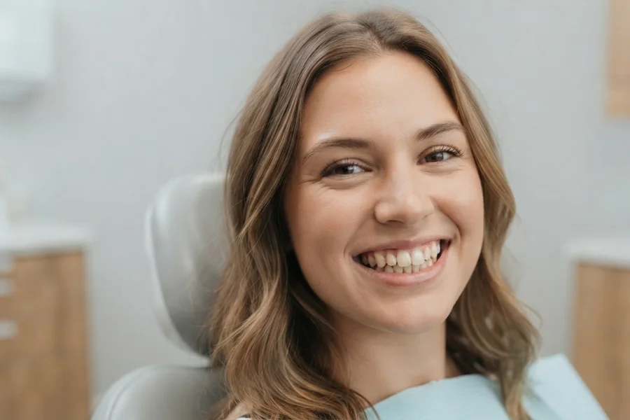 Paciente mostrando dientes desalineados antes de un tratamiento con Clear Braces
